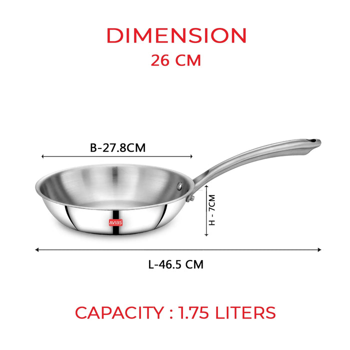 Riara Premium Stainless Steel Triply Fry Pan/ Skillet | Cool Touch Handles | 2.5 Mm Thick Body | Induction Friendly |1.25L/1.5L/1.75L