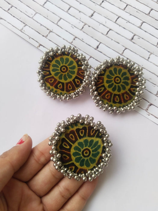 Green Ajrakh Print Ring Earrings Combo Set For Women