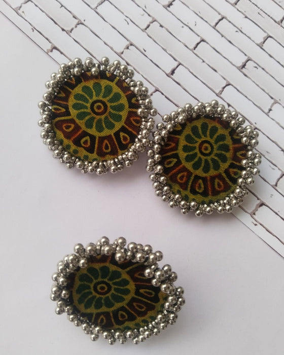 Green Ajrakh Print Ring Earrings Combo Set For Women