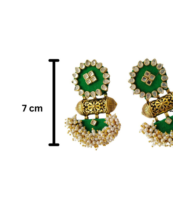 Green With Golden Beads And Pearls Traditional Earrings