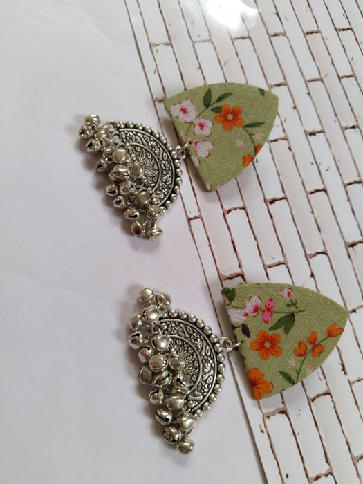 Green Floral Printed Oxidized Earrings