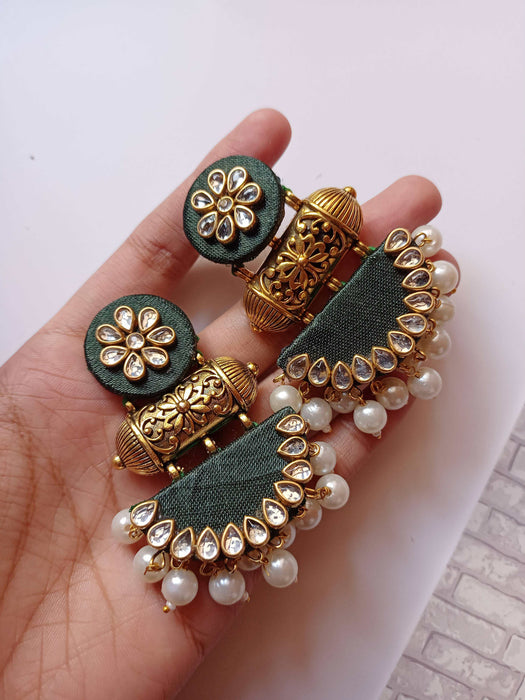 Green Kundan And Pearls Heavy Jhumka Earrings