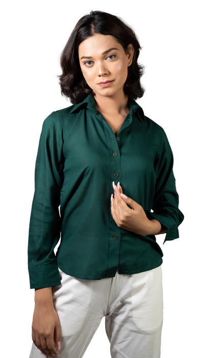 Women Liva Bottle Green Regular Fit Solid Casual Shirt-CK-GREENSOLIDSHIRT