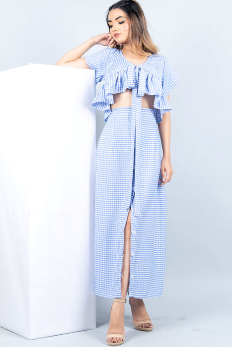 CORNFLOWER BLUE CHESS BUTTONED SKIRT