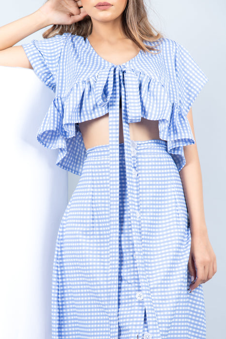 CORNFLOWER BLUE CHESS RUFFLE HEM TOP