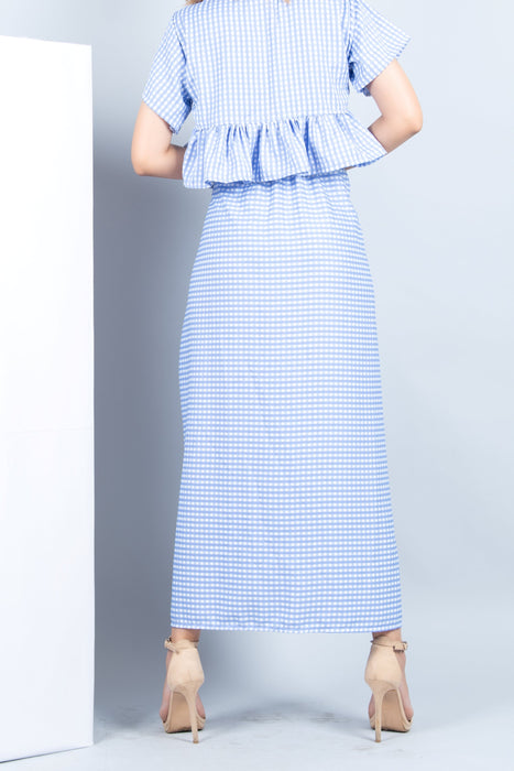 CORNFLOWER BLUE CHESS BUTTONED SKIRT