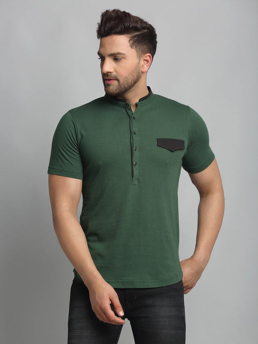 Bottle Green Henley Neck Cotton Half Sleeve T-Shirt