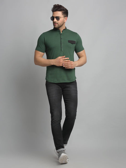 Bottle Green Henley Neck Cotton Half Sleeve T-Shirt