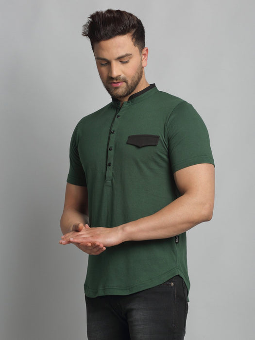 Bottle Green Henley Neck Cotton Half Sleeve T-Shirt