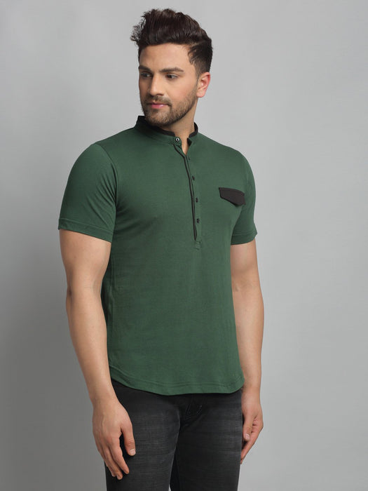 Bottle Green Henley Neck Cotton Half Sleeve T-Shirt