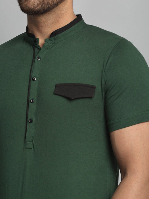 Bottle Green Henley Neck Cotton Half Sleeve T-Shirt