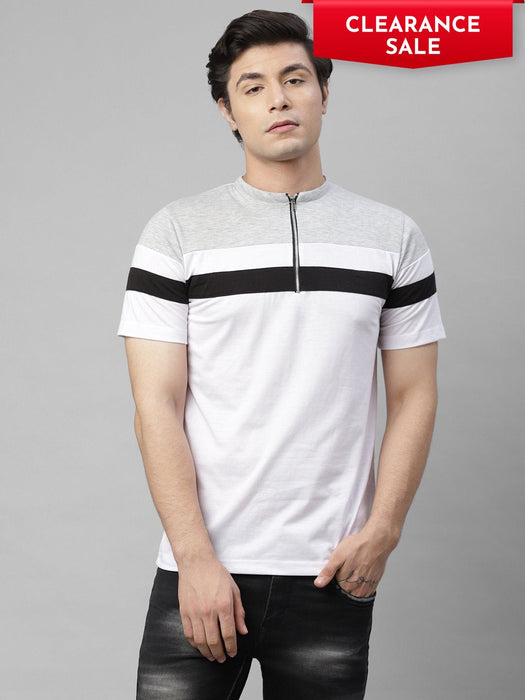 Grey White Color Block Zip-Up Neck Cotton Half Sleeve T-Shirt