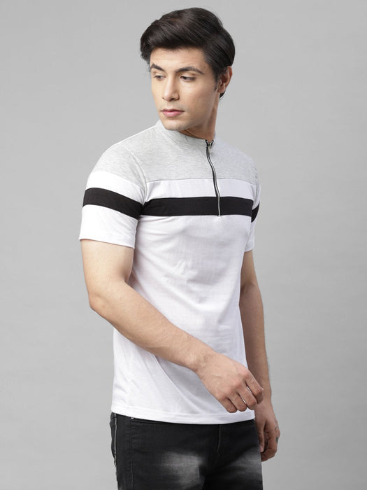 Grey White Color Block Zip-Up Neck Cotton Half Sleeve T-Shirt