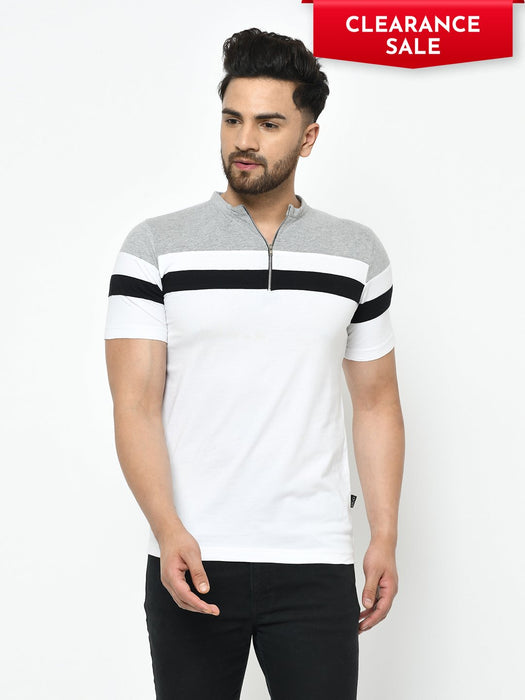 Grey White Cut & Sew Henley Half Sleeve Cotton T-Shirt