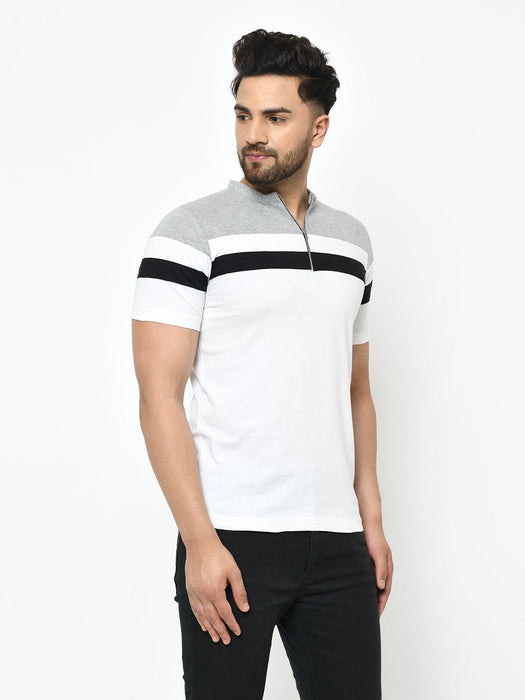 Grey White Cut & Sew Henley Half Sleeve Cotton T-Shirt