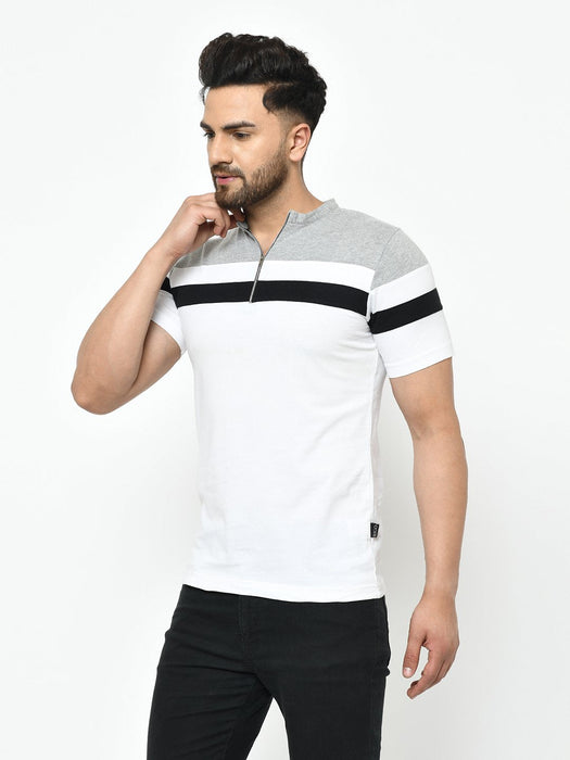 Grey White Cut & Sew Henley Half Sleeve Cotton T-Shirt