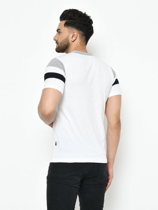 Grey White Cut & Sew Henley Half Sleeve Cotton T-Shirt