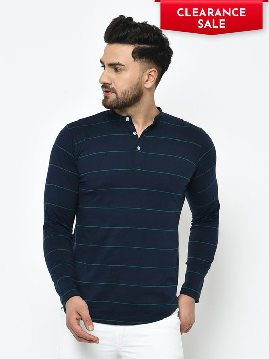 Blue Stripe Henley Cotton T-Shirt