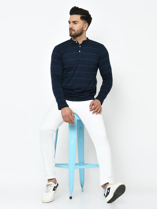 Blue Stripe Henley Cotton T-Shirt