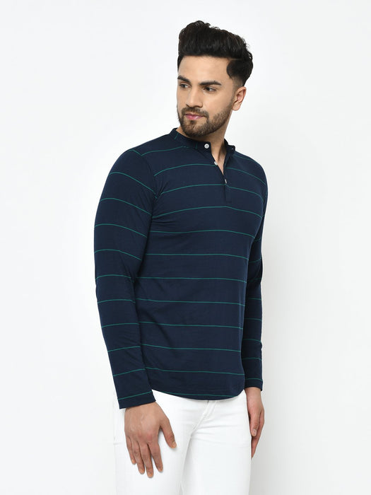 Blue Stripe Henley Cotton T-Shirt