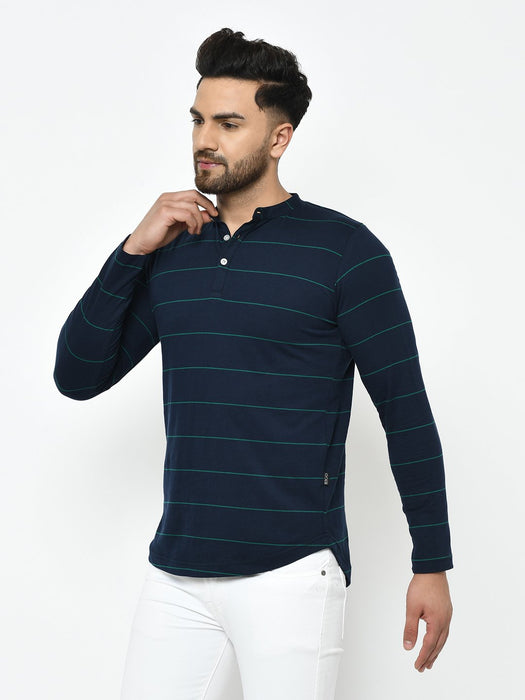 Blue Stripe Henley Cotton T-Shirt