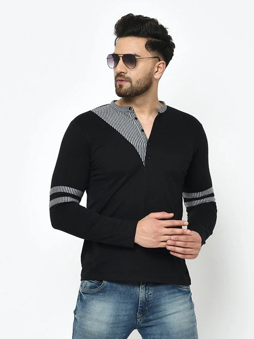 Black With Contrast Detailing Henley Full Sleeve Cotton T-Shirt