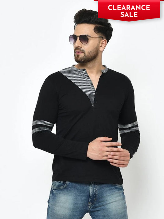 Black With Contrast Detailing Henley Full Sleeve Cotton T-Shirt