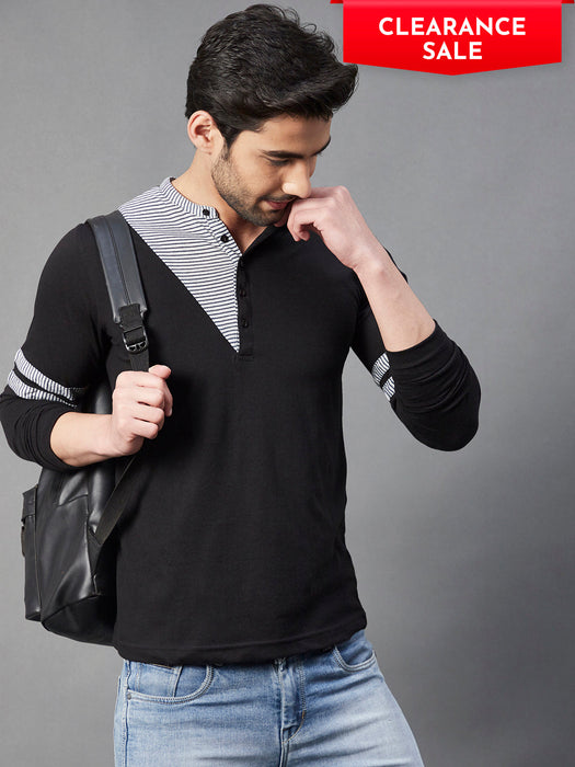 Black With Contrast Detailing Henley Neck Full Sleeve Cotton T-Shirt