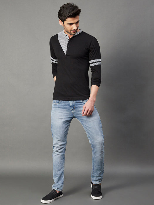 Black With Contrast Detailing Henley Neck Full Sleeve Cotton T-Shirt