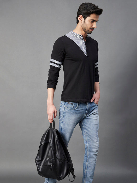 Black With Contrast Detailing Henley Neck Full Sleeve Cotton T-Shirt