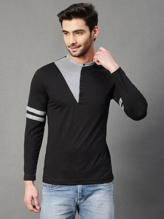 Black With Contrast Detailing Henley Neck Full Sleeve Cotton T-Shirt