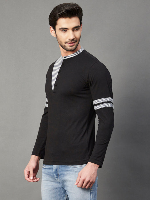 Black With Contrast Detailing Henley Neck Full Sleeve Cotton T-Shirt