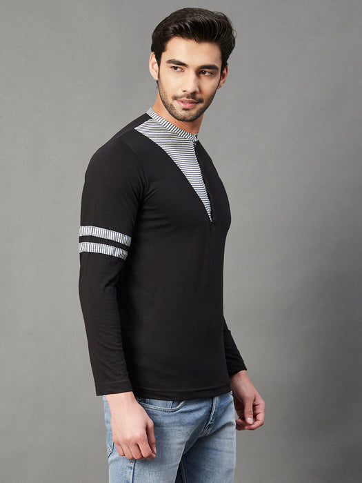 Black With Contrast Detailing Henley Neck Full Sleeve Cotton T-Shirt