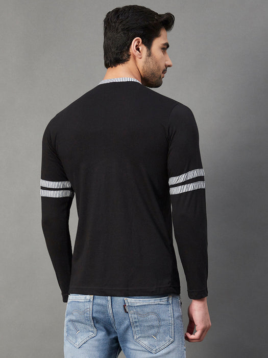 Black With Contrast Detailing Henley Neck Full Sleeve Cotton T-Shirt