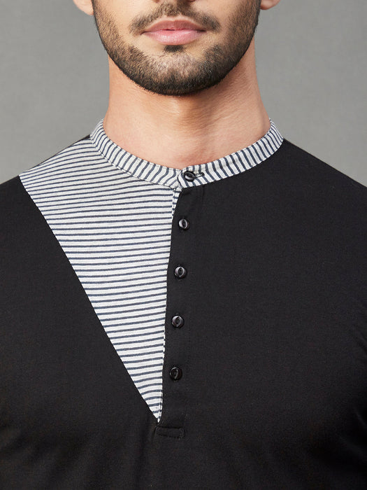 Black With Contrast Detailing Henley Neck Full Sleeve Cotton T-Shirt