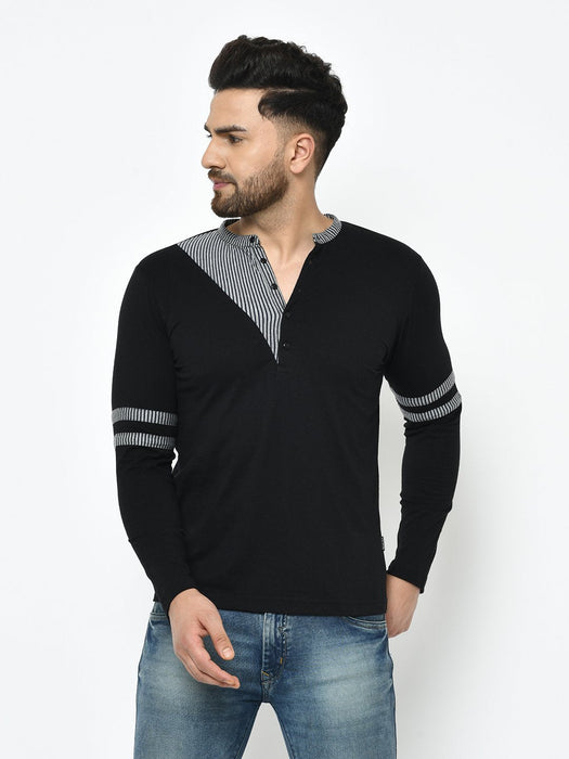 Black With Contrast Detailing Henley Full Sleeve Cotton T-Shirt