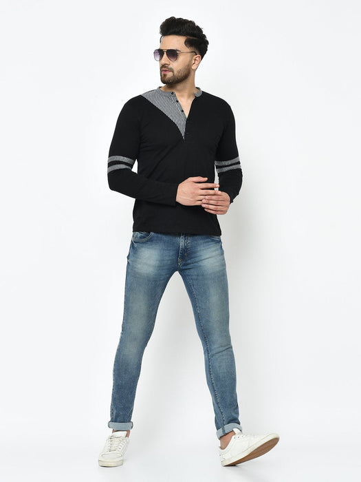 Black With Contrast Detailing Henley Full Sleeve Cotton T-Shirt