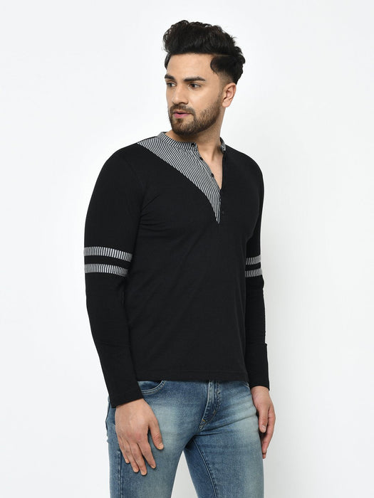 Black With Contrast Detailing Henley Full Sleeve Cotton T-Shirt