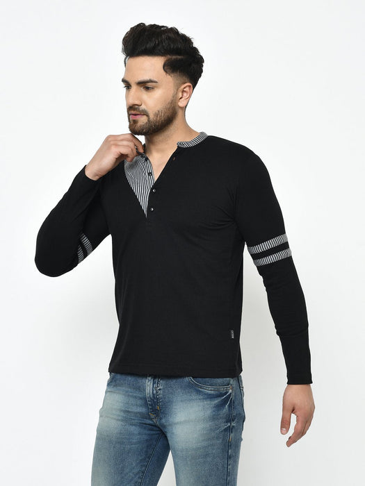 Black With Contrast Detailing Henley Full Sleeve Cotton T-Shirt