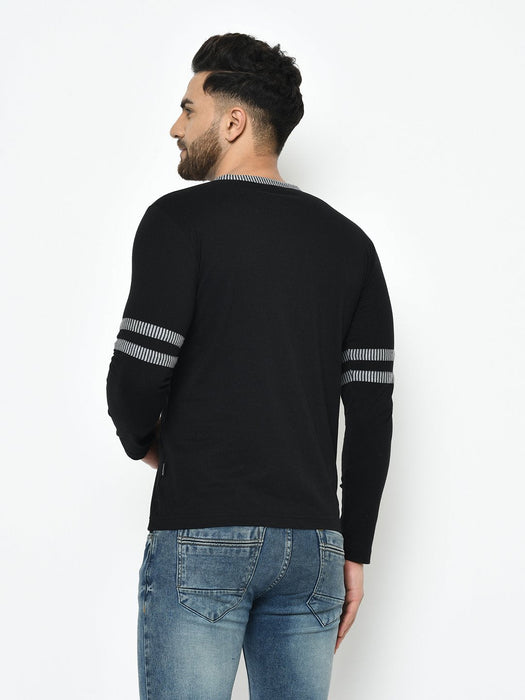 Black With Contrast Detailing Henley Full Sleeve Cotton T-Shirt