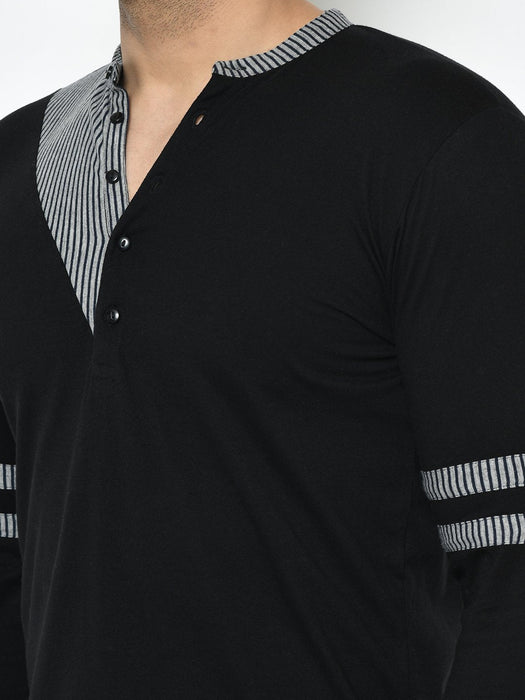 Black With Contrast Detailing Henley Full Sleeve Cotton T-Shirt