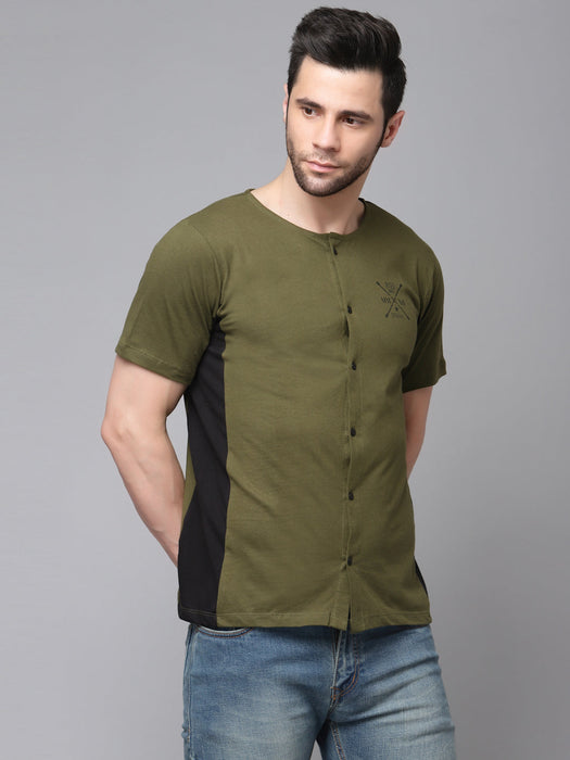 Olive Green Black Cut & Sew Printed Half Sleeve Knitted Shirt