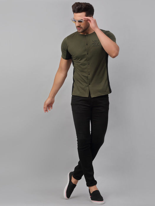 Olive Green Black Cut & Sew Half Sleeve Knitted Shirt