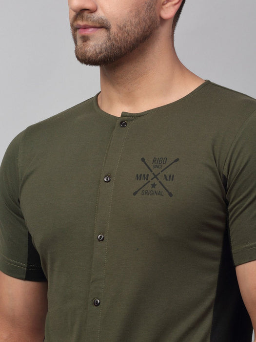 Olive Green Black Cut & Sew Half Sleeve Knitted Shirt