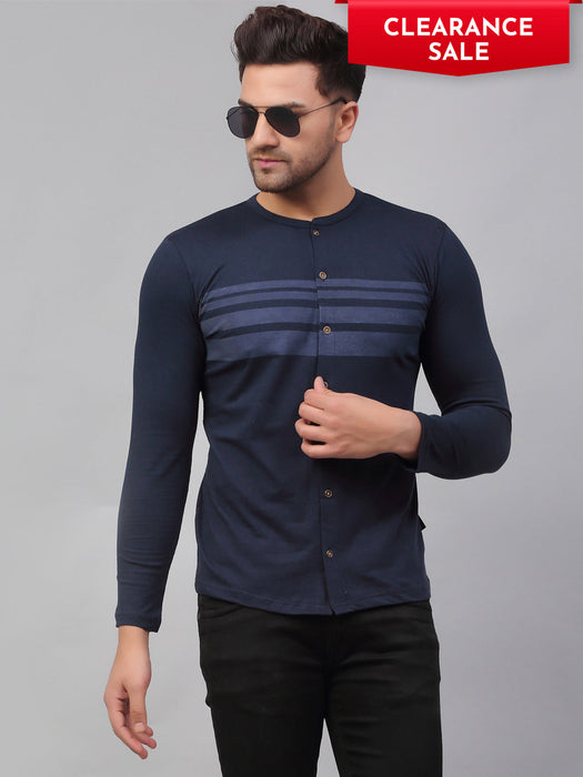 Navy Printed Stripe Full Sleeve Knitted Shirt