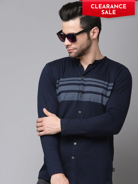 Printed Stripe Full Sleeve Knitted Shirt With Mandarin Collar