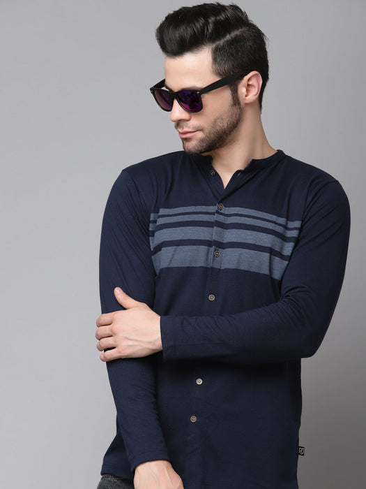 Printed Stripe Full Sleeve Knitted Shirt With Mandarin Collar