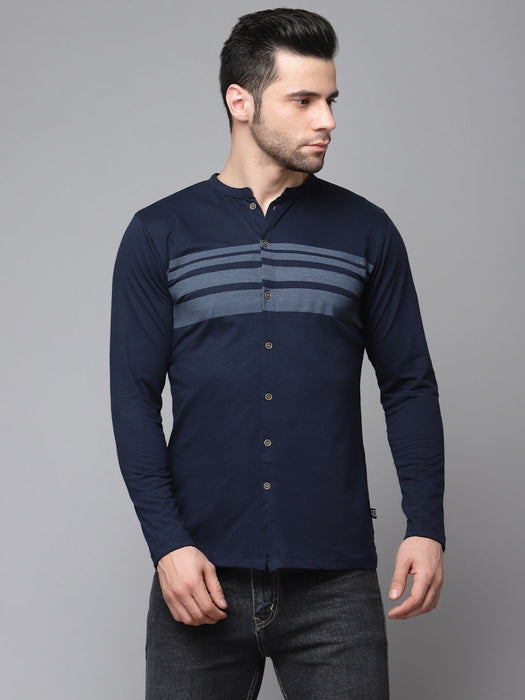 Printed Stripe Full Sleeve Knitted Shirt With Mandarin Collar