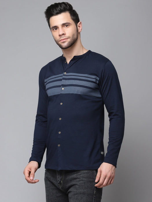 Printed Stripe Full Sleeve Knitted Shirt With Mandarin Collar