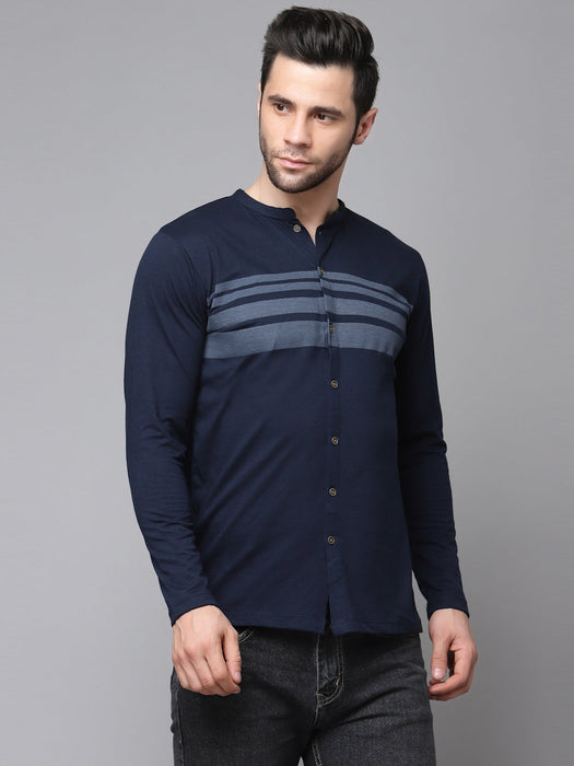 Printed Stripe Full Sleeve Knitted Shirt With Mandarin Collar